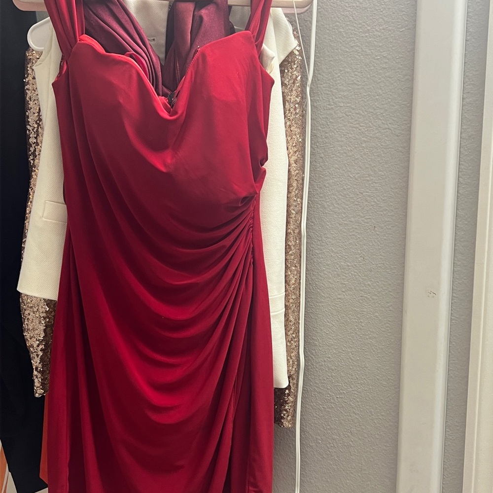 Strapless Red Draped Evening Gown